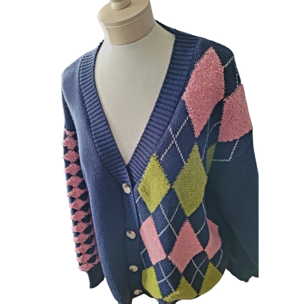 Simply Southern Argyle Button Front Cardigan Navy Pink and Green New with Tags - Picture 3 of 5